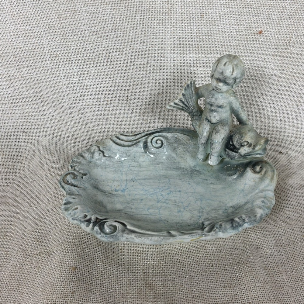 VINTAGE ENESCO Nautical Cherub Boy On Koi Fish Bathroom Soap/Trinket Dish E-4066